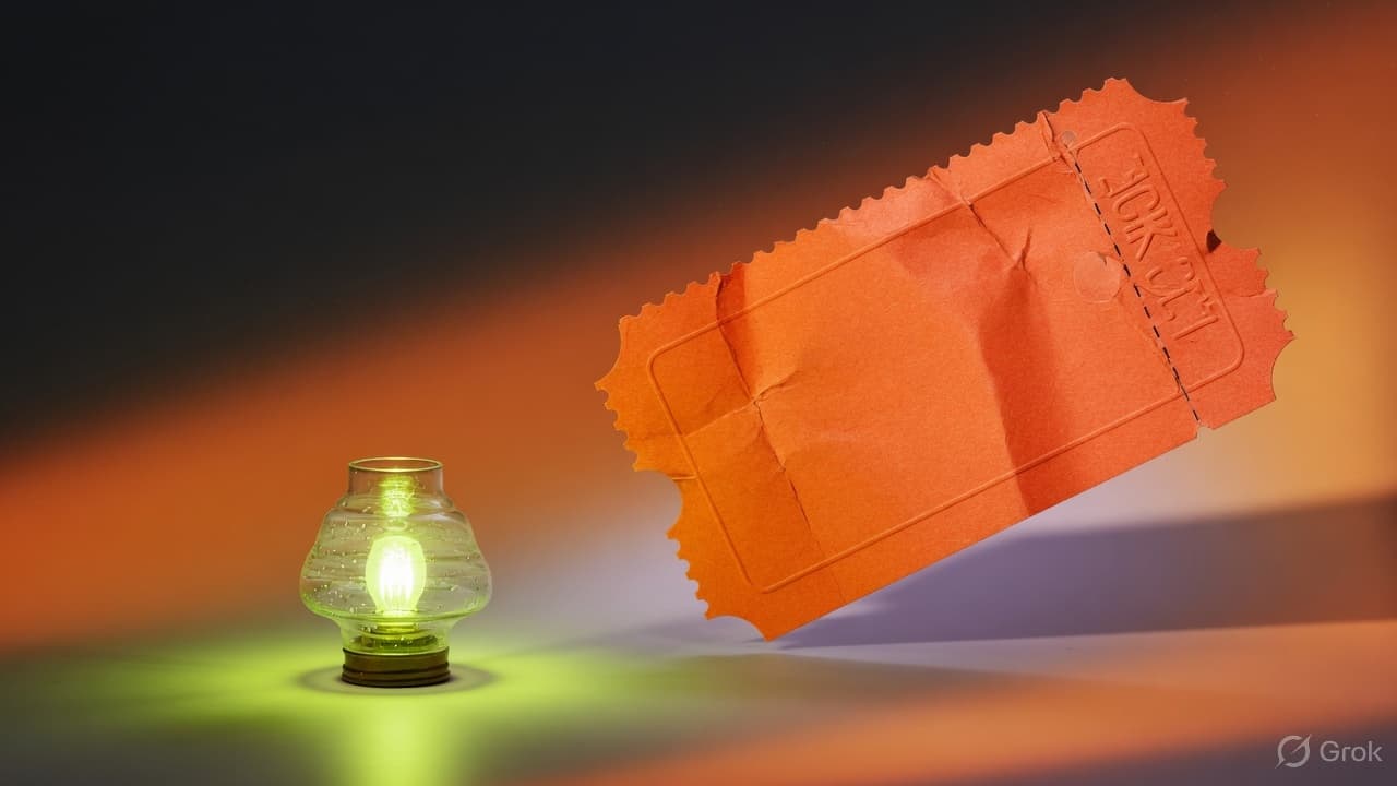 An oversized orange ticket stub glowing against a charcoal field