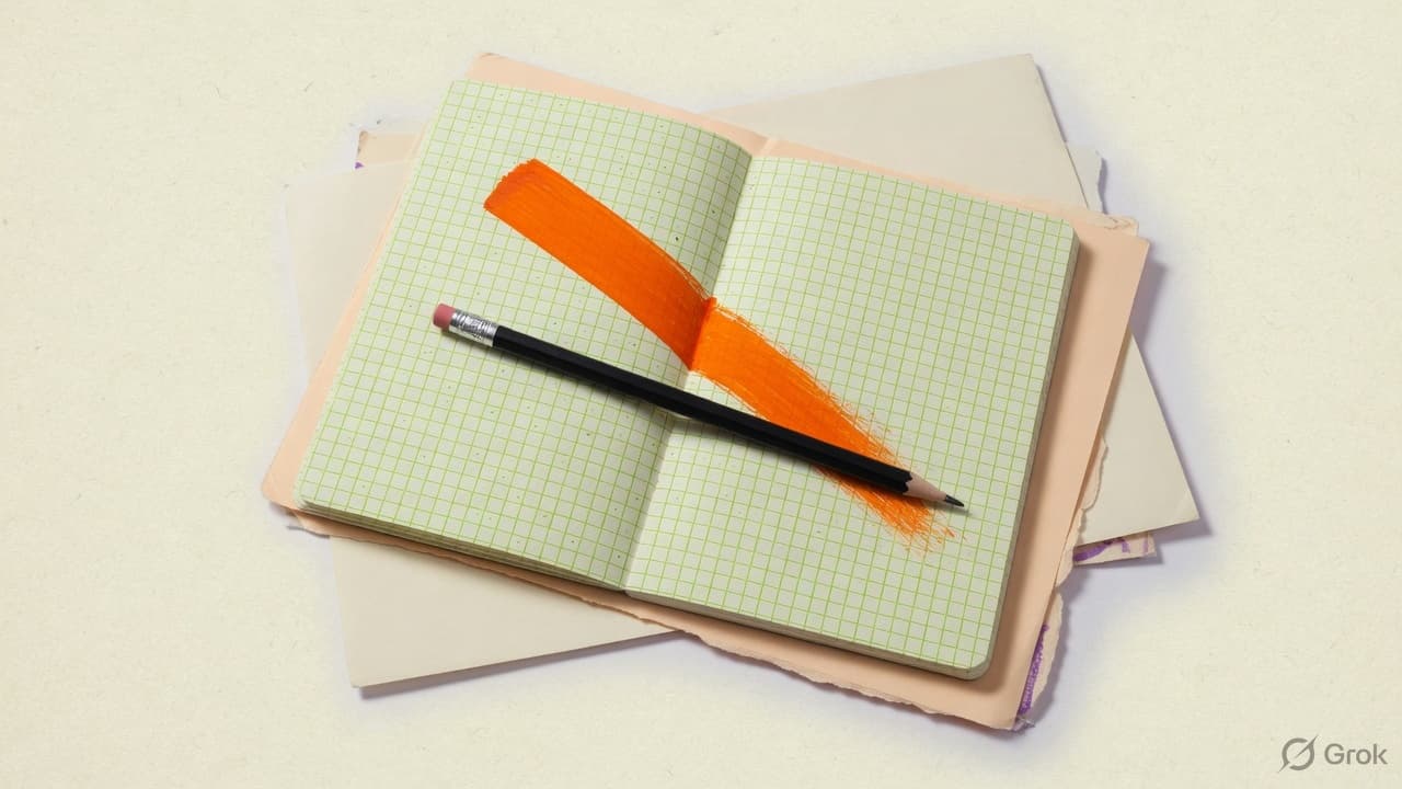 A grid notebook and a page with a single orange stroke