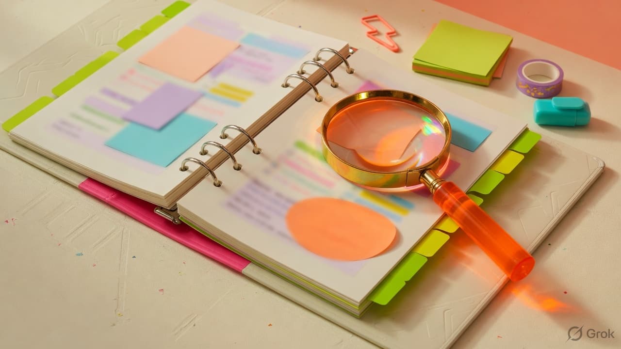 An open binder with lime tabs and a magnifying glass on a cream desk