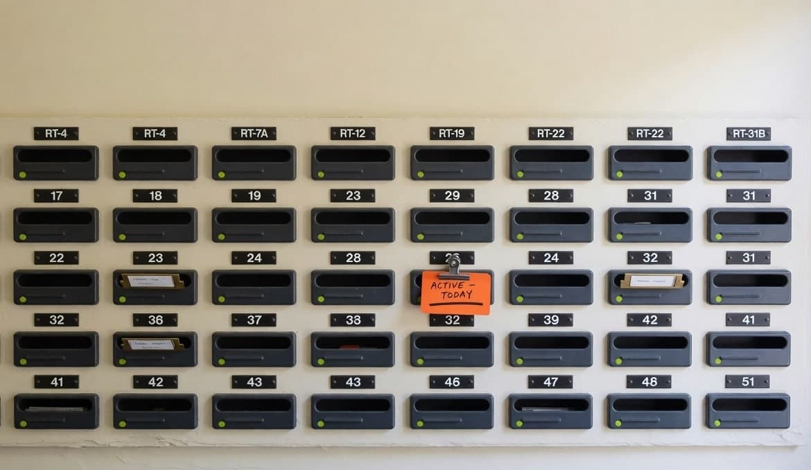A wall of numbered route slots with lime completion dots and one orange active marker